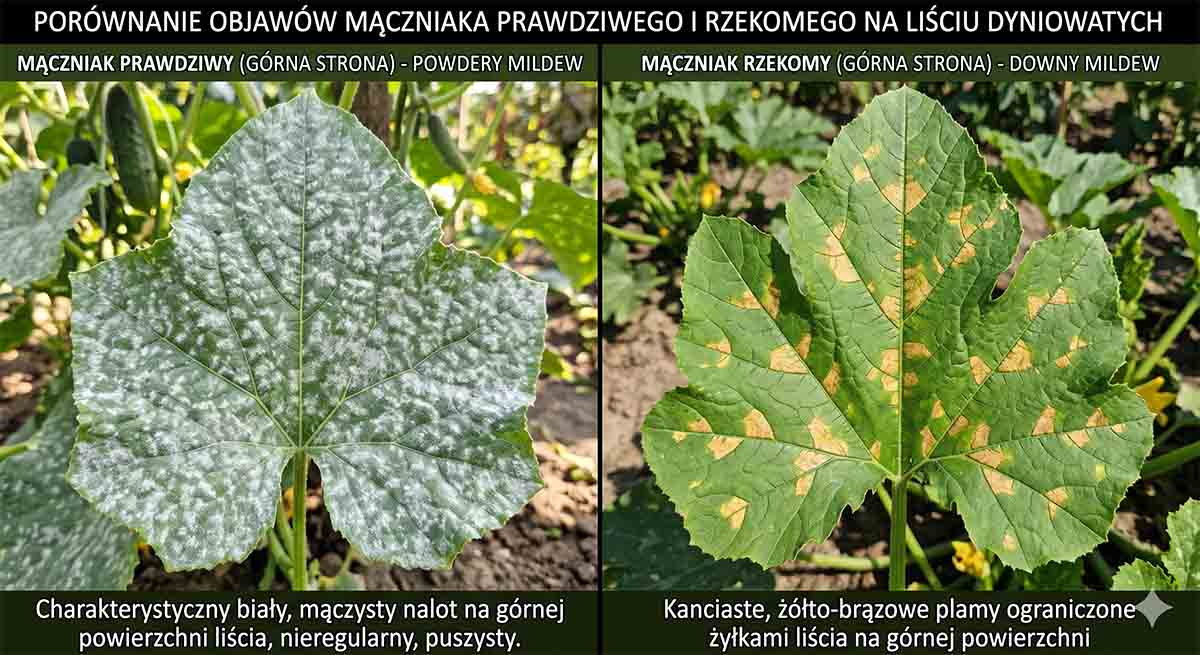 Mączniak prawdziwy a rzekomy Porównanie mączniaka prawdziwego i rzekomego na liściu dyniowatych