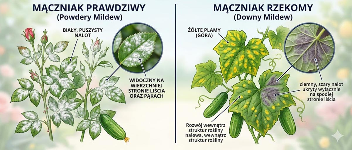 Porównanie i identyfikacja: mączniak prawdziwy a mączniak rzekomy Infografika porównująca mączniaka prawdziwego i rzekomego. Po lewej: mączniak prawdziwy na róży i ogórku z białym, puszystym nalotem na wierzchniej stronie liści i pąkach. Po prawej: mączniak rzekomy na ogórku z żółtymi plamami na górze liścia oraz ciemnoszarym nalotem ukrytym na jego spodzie.