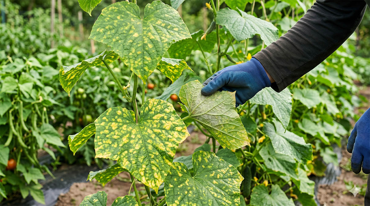 Mączniak rzekomy na liściach ogórka w ogrodzie Zbliżenie na liście ogórka z widocznymi żółtymi plamami mączniaka rzekomego, ogrodnik w niebieskich rękawicach roboczych pokazuje spód zainfekowanego liścia w uprawie gruntowej.