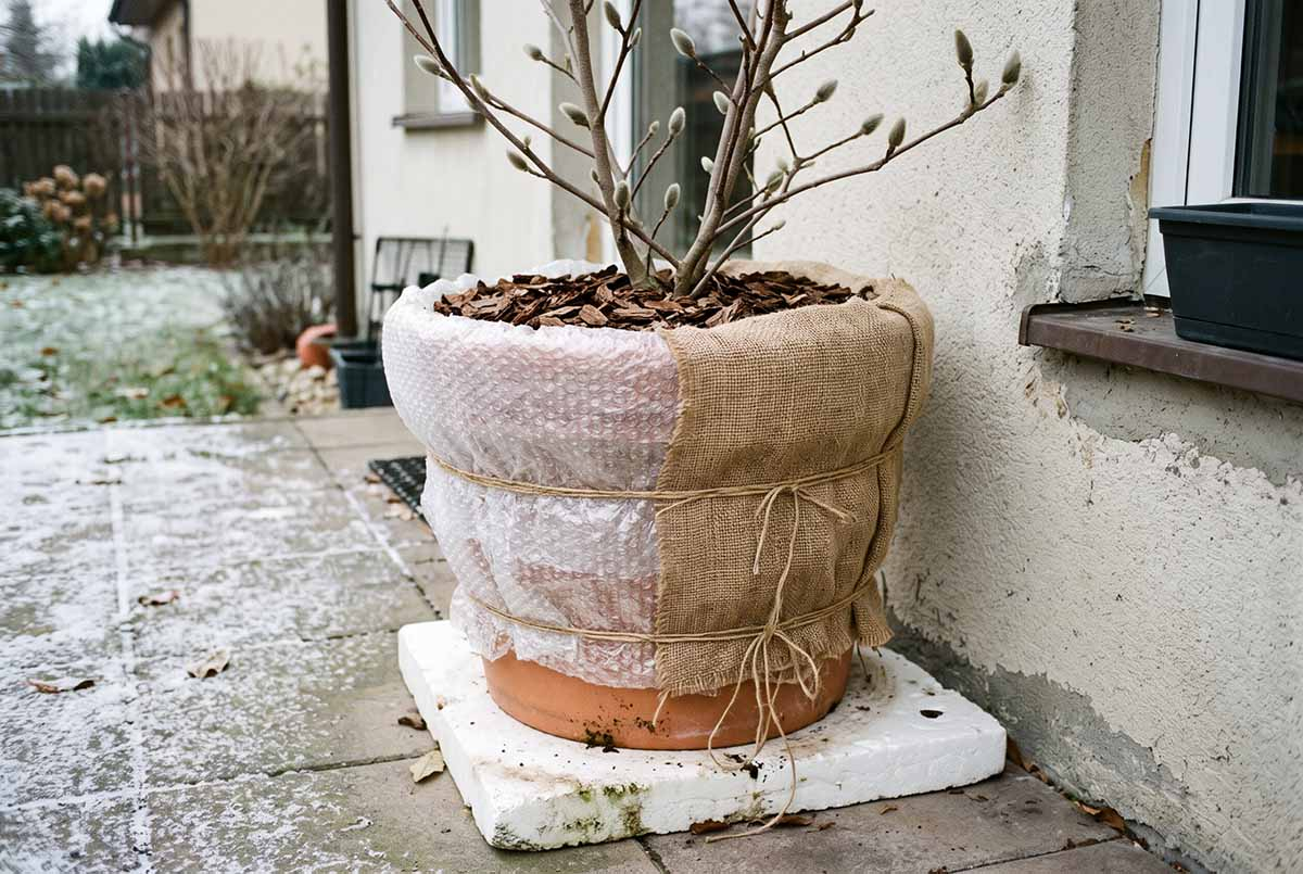 Magnolia w donicy owiniętej jutą i postawionej na styropianie na zimę