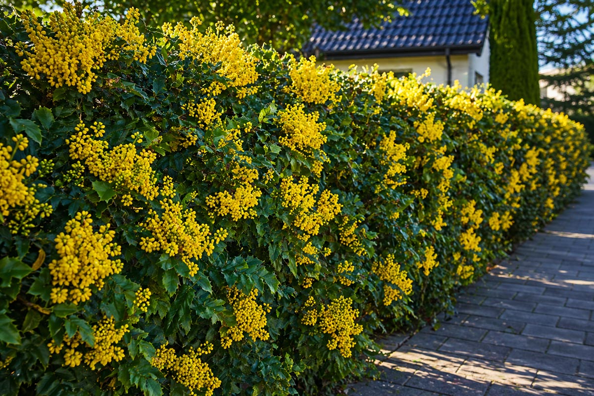Mahonia jako żywopłot &ndash; gęsty zimozielony krzew z żółtymi kwiatami w ogrodzie