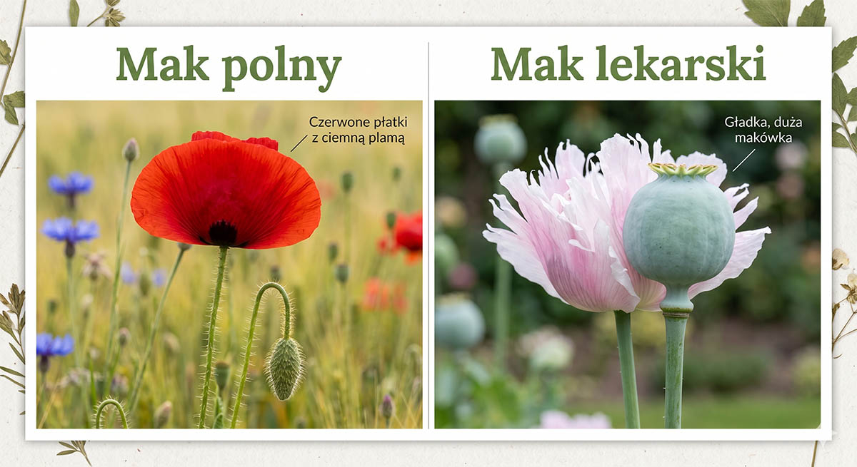 Grafika porównawcza przedstawiająca mak polny po lewej stronie z jaskrawoczerwonymi płatkami i owłosioną łodygą oraz mak lekarski po prawej stronie z jasnoróżowym kwiatem i dużą, gładką makówką.
