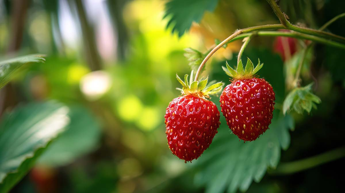 Truskawka ananasowa Pineberry - białe truskawki z czerwonymi pestkami Zbliżenie na krzaczek, na którym rosną kremowo-białe truskawki ananasowe z wyraźnymi, czerwonymi nasionami na tle zielonych liści
