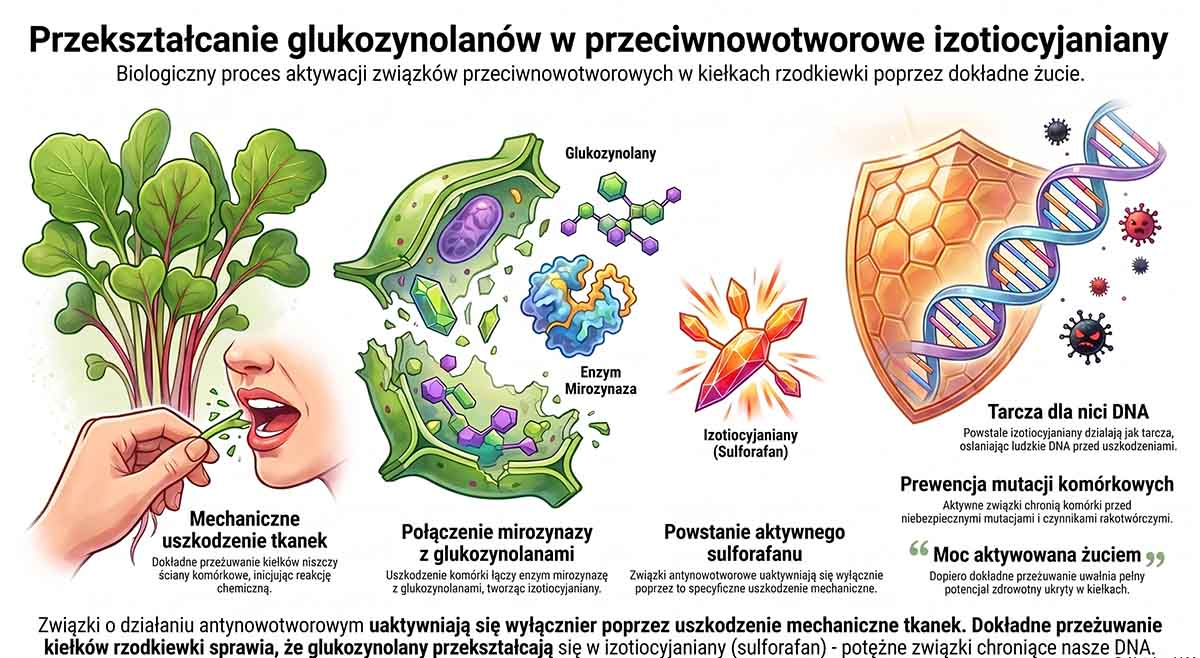 Przekształcanie glukozynolanów w przeciwnowotworowe izotiocyjaniany Schemat edukacyjny pokazujący proces żucia zębami kiełków rzodkiewki. Grafika ilustruje, jak uszkodzenie komórki łączy enzym mirozynazę z glukozynolanami, tworząc izotiocyjaniany (sulforafan), które niczym tarcza osłaniają nić ludzkiego DNA.