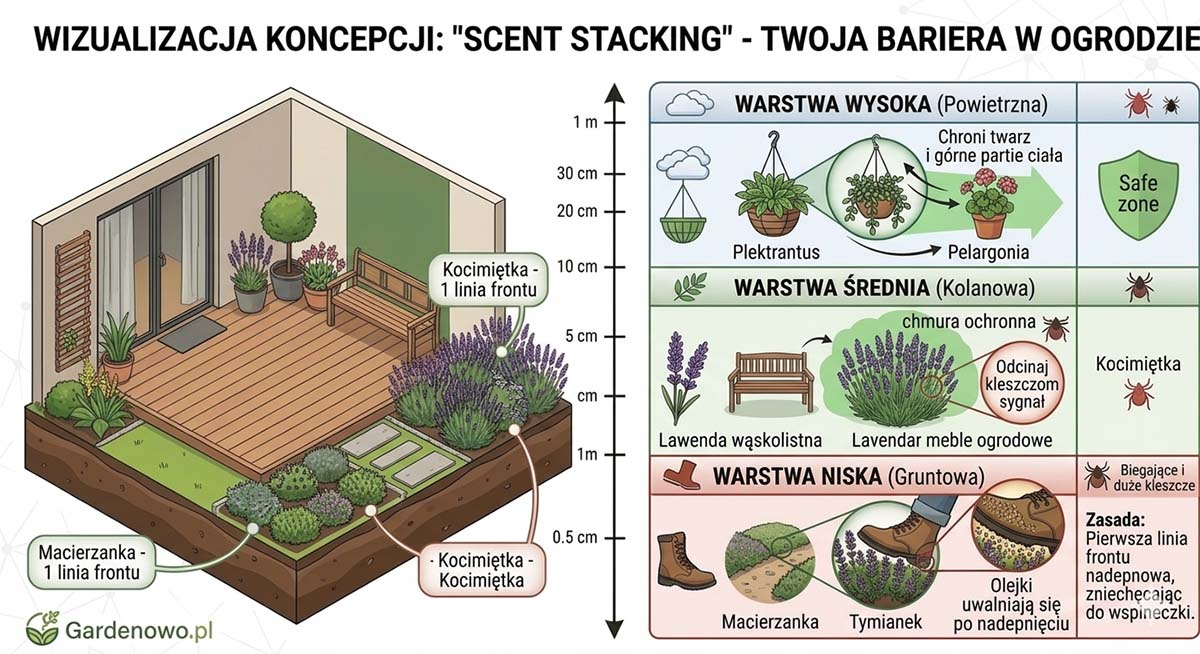 Wizualizacja koncepcji Scent Stacking: warstwy roślin (macierzanka, lawenda, komarzyca) odstraszające insekty.