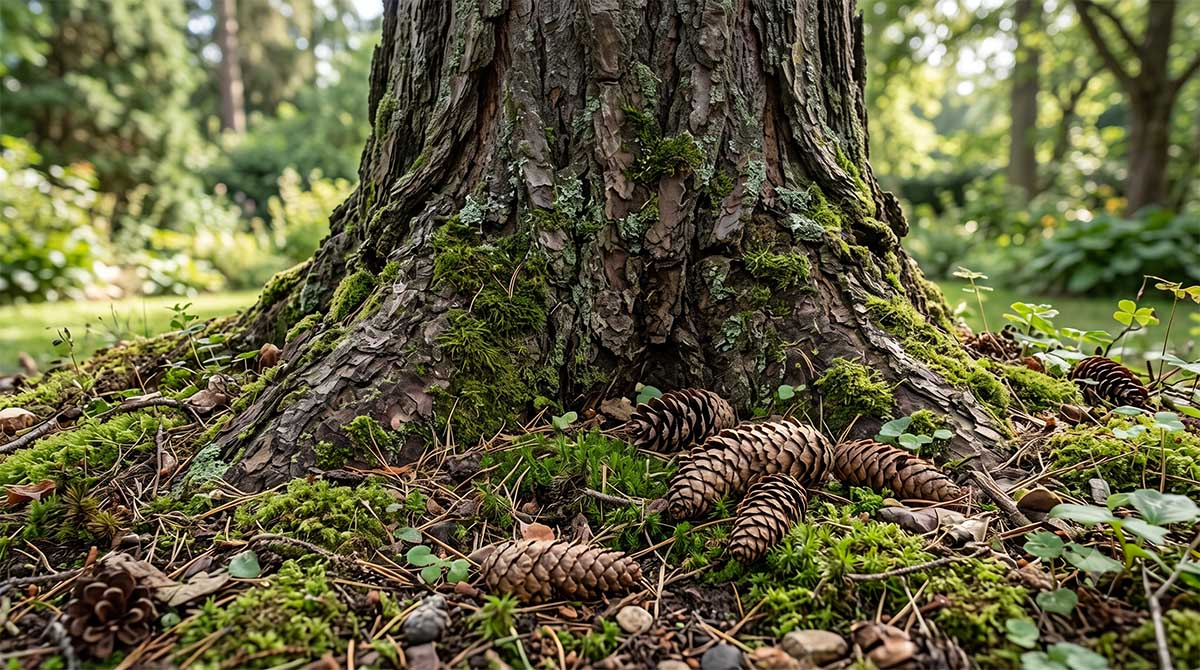 Podłoże pod sosną sprzyjające mikoryzie z kurkami Baza pnia starej sosny pokryta mchem i igliwiem, idealna pod grzybnię kurek.