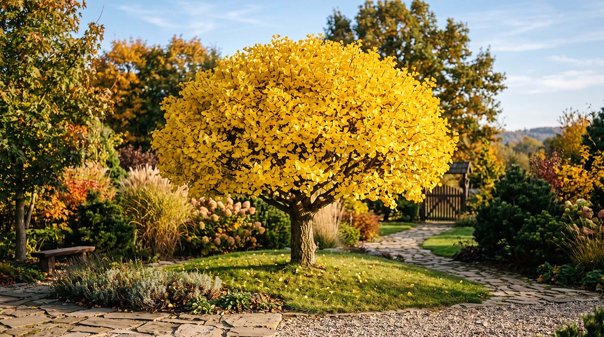 Miłorząb dwuklapowy (Ginkgo biloba) - złota skamielina w Twoim ogrodzie Szczepiona odmiana miłorzębu dwuklapowego o kulistej koronie i jaskrawożółtych, jesiennych liściach w zadbanym ogrodzie.