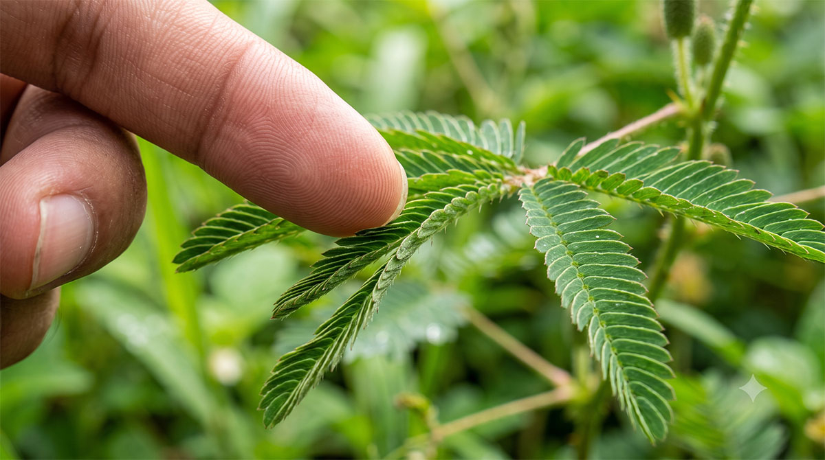 Mimoza wstydliwa - zwijanie liści po dotknięciu Zbliżenie na palec dotykający liści mimozy wstydliwej (Mimosa pudica) w momencie ich składania