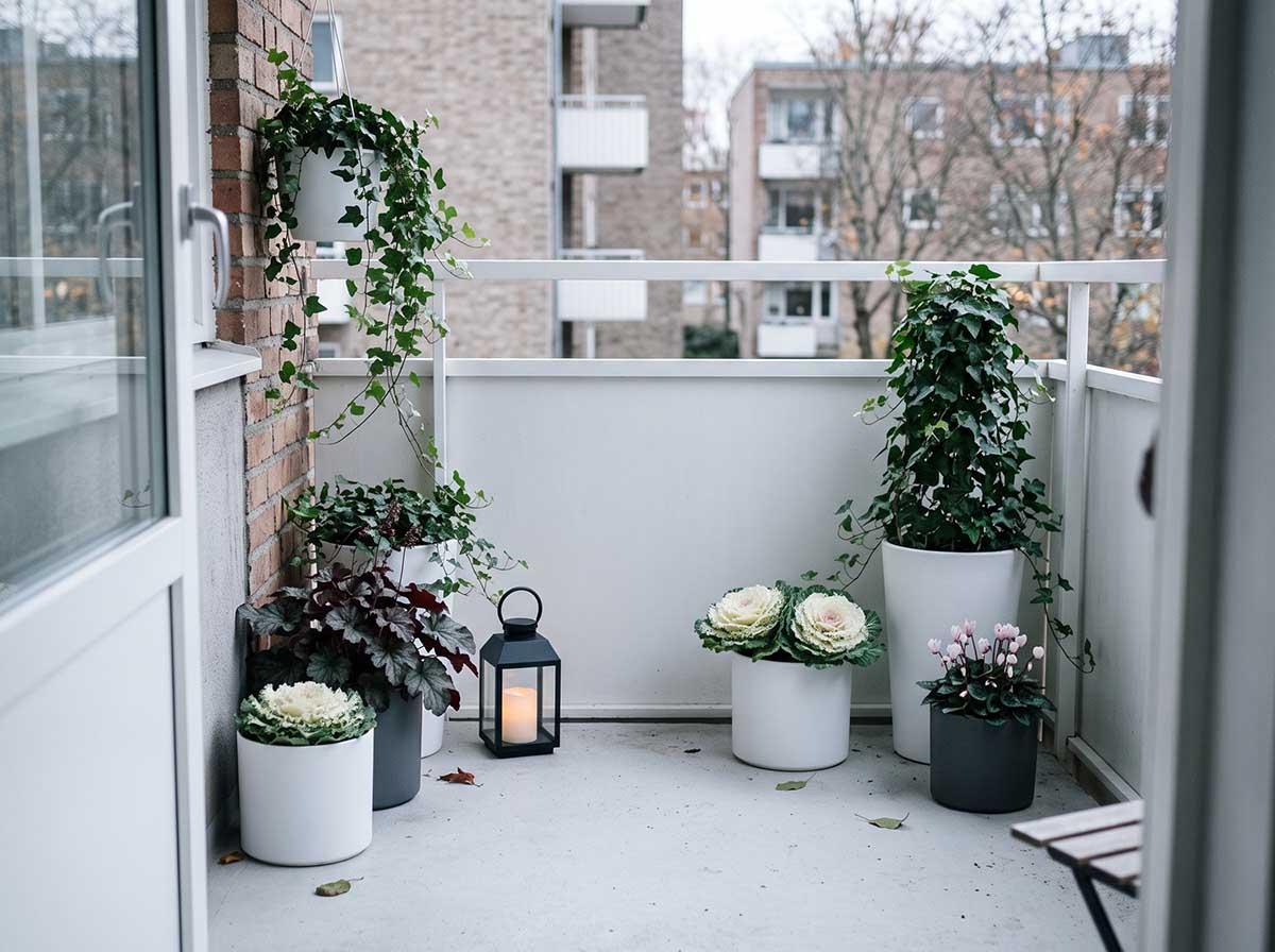 Zielono-biały balkon od północy jesienią: bluszcz, żurawki i kapusta ozdobna Minimalistyczny jesienny balkon od północy z bluszczem i żurawkami