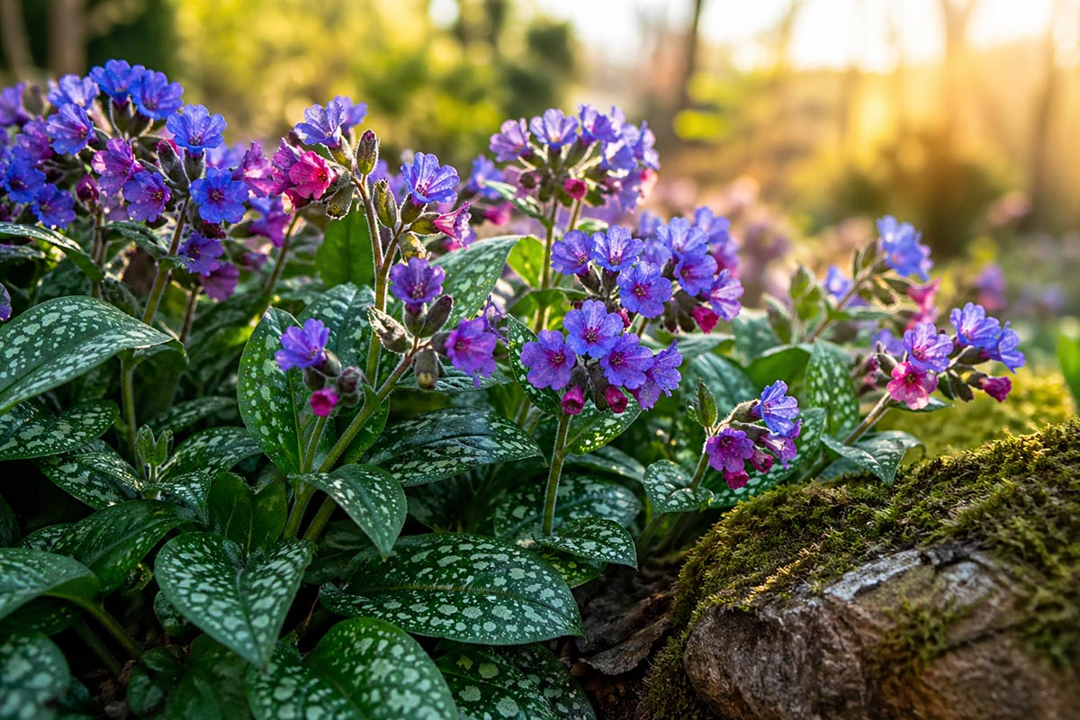 miodunka ogrodowa kwitnąca w cieniu fioletowe i różowe kwiaty