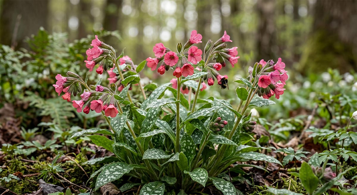 Różowa odmiana miodunki w trakcie kwitnienia - idealna roślina miododajna i bylina cieniolubna