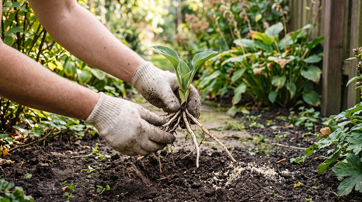 Sadzenie nowej sadzonki funkii po podziale Zbliżenie na dłonie ogrodnika w rękawicach delikatnie sadzące młodą, zdrową sadzonkę Funkii (Hosty) w ciemnej ziemi