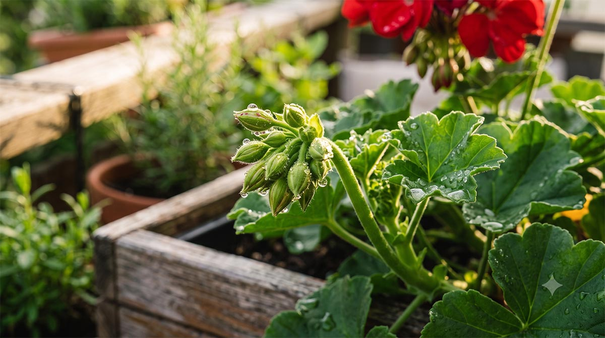 Młode pąki kwiatowe pelargonii gotowe do ponownego kwitnienia Świeże, zielone pąki kwiatowe pelargonii wyrastające z młodego pędu po letnim cięciu
