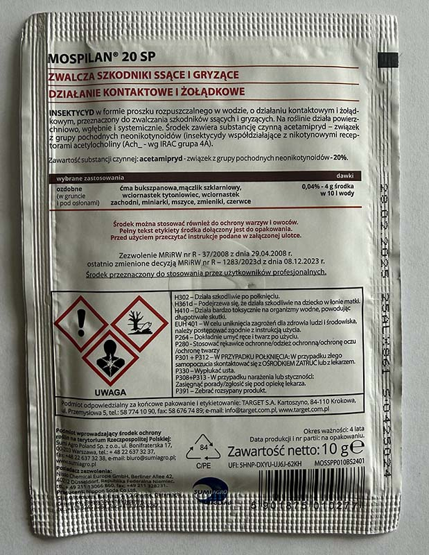 Etykieta Mospilan 20 SP Target na cmę bukszpanową &ndash; informacje o produkcie, składzie i środkach ostrożności