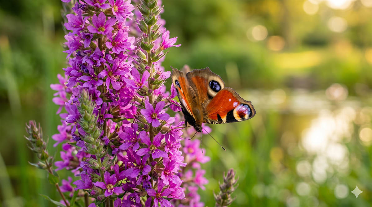 Rusałka pawik na kwiatach krwawnicy pospolitej - letni ogród Makrofotografia motyla Rusałka pawik (Aglais io) siedzącego na purpurowych kwiatach krwawnicy pospolitej (Lythrum salicaria) na tle rozmytego, słonecznego ogrodu z pondem.