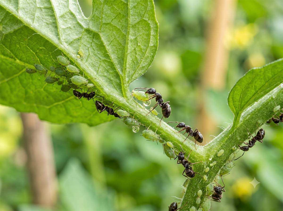 Powiększone zdjęcie zielonych mszyc zgromadzonych na spodzie liścia pomidora, pilnowanych przez mrówki