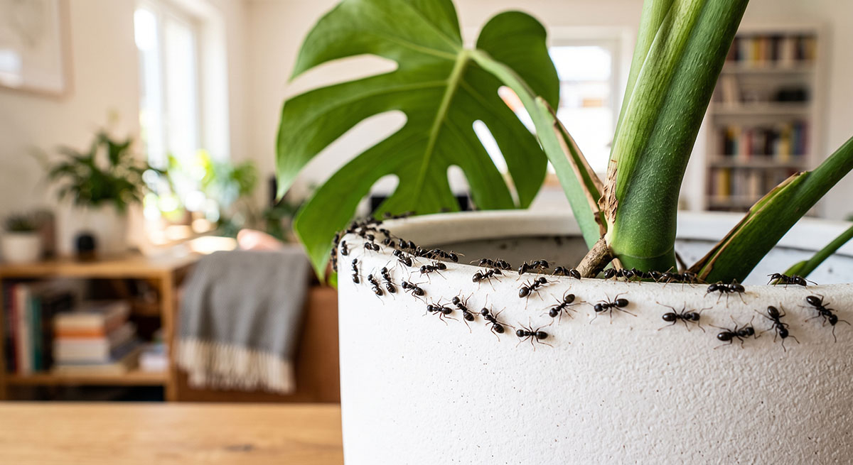 Plaga mrówek na roślinie domowej Zbliżenie na czarne mrówki wędrujące po krawędzi doniczki z monsterą w salonie.