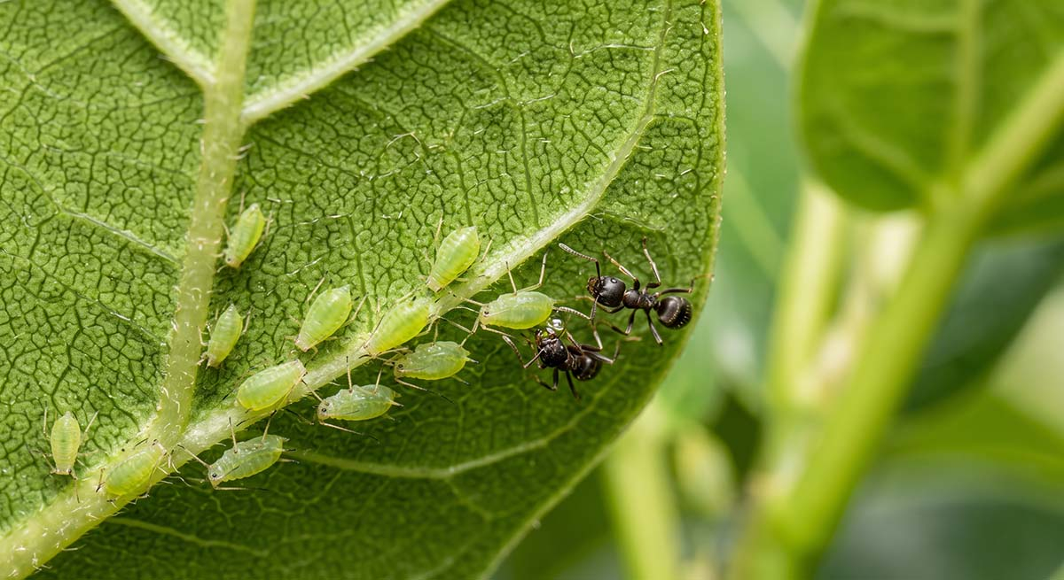 Symbioza mrówek i mszyc na roślinie pokojowej Makrofotografia pokazująca mrówki opiekujące się mszycami na spodzie liścia fikusa lirata.