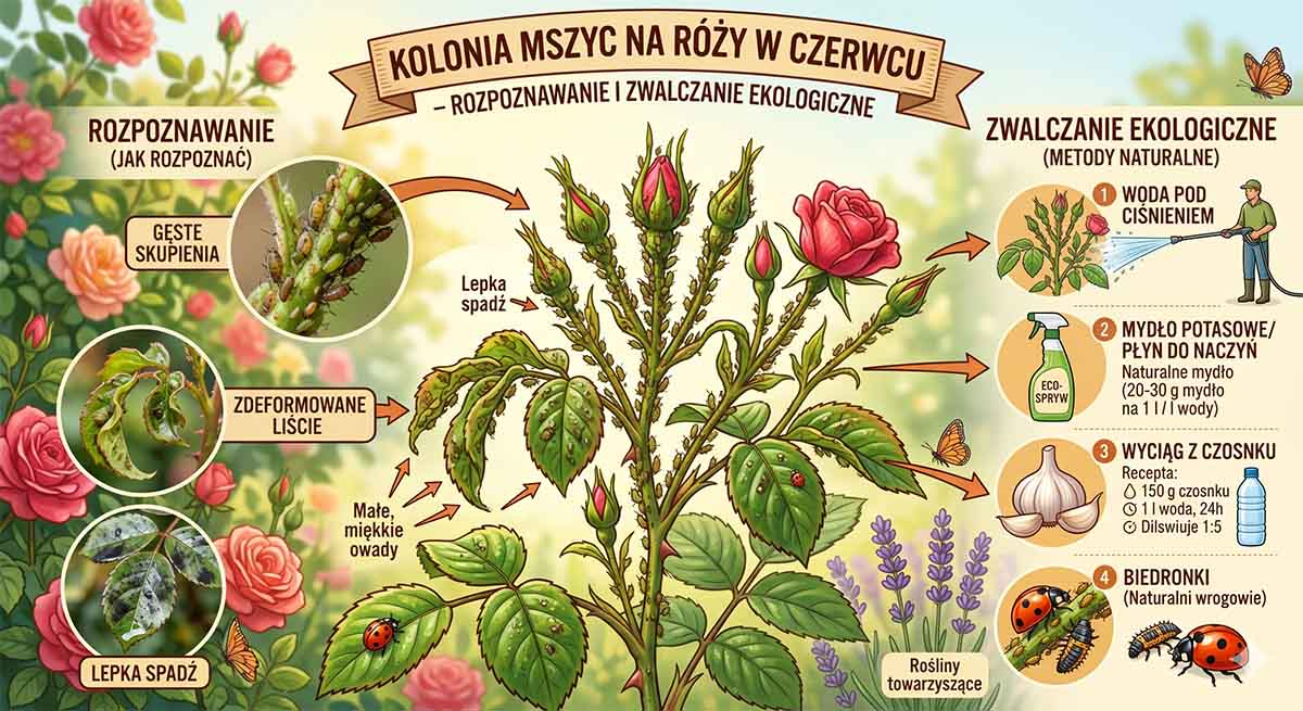 Mszyce na róży - objawy żerowania Kolonia mszyc na pędzie róży w czerwcu i lipcu - jak rozpoznać i zwalczyć ekologicznie