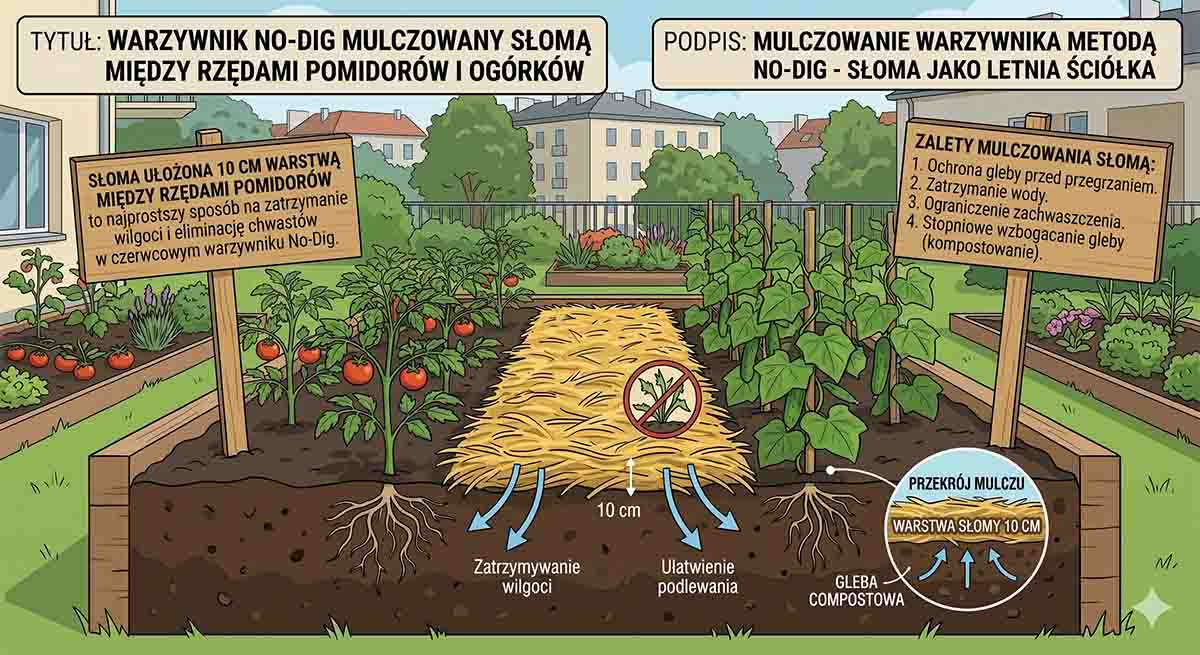 Mulczowanie warzywnika metodą No-Dig - słoma jako letnia ściółka Warzywnik No-Dig mulczowany słomą między rzędami pomidorów i ogórków