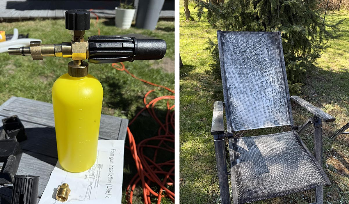 Nanoszenie aktywnej piany 365pro na meble ogrodowe z technorattanu myjką Stanley Fatmax.