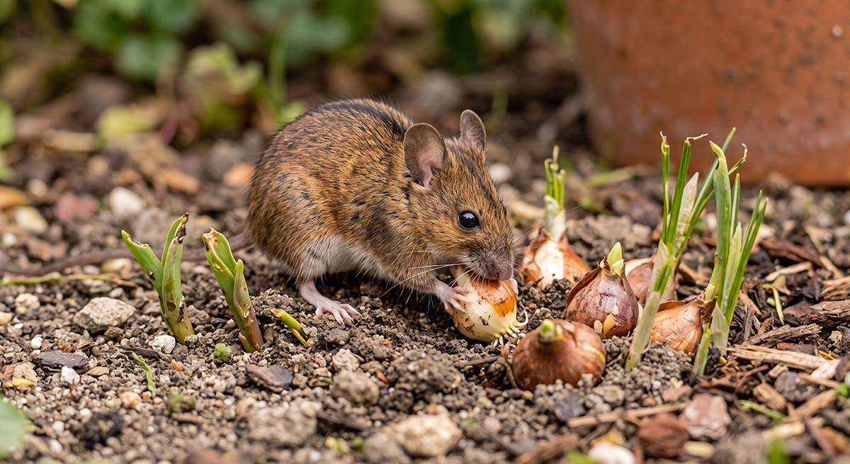 Mysz polna (z widoczną pręgą na grzbiecie) wykopuje i nadgryza cebulki tulipanów i krokusów na rabacie kwiatowej w ogrodzie, ilustrując szkody w uprawach.