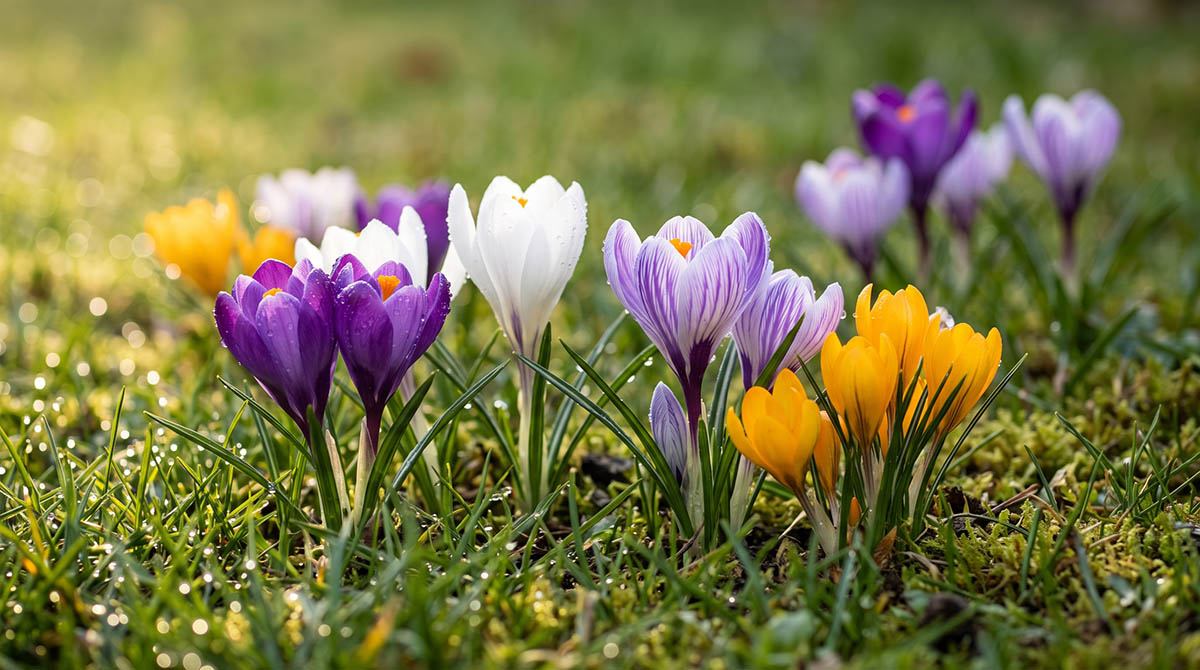 Najpiękniejsze odmiany krokusów - barwny dywan kwiatowy na rabacie i trawniku Kolorowe krokusy wielkokwiatowe i botaniczne kwitnące wczesną wiosną w trawie w ogrodzie