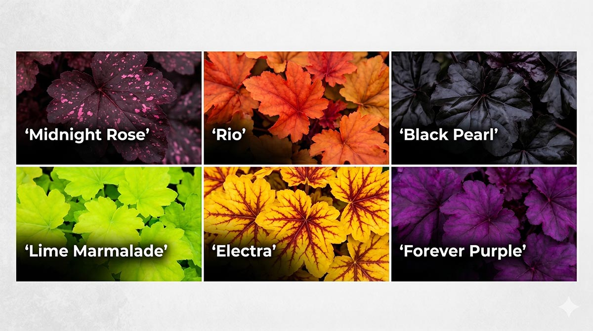 Infografika przedstawiająca 6 odmian żurawek z podpisami: nakrapiana Midnight Rose, czerwona Rio, czarna Black Pearl, limonkowa Lime Marmalade, żółto-czerwona Electra oraz fioletowa Forever Purple