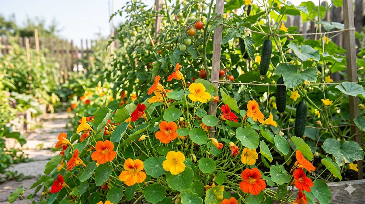Nasturcja jako naturalna ochrona pomidorów i ogórków przed mszycami Kwitnąca pomarańczowa i żółta nasturcja posadzona na grządce w ogrodzie tuż obok krzaków pomidorów i pnących się ogórków.