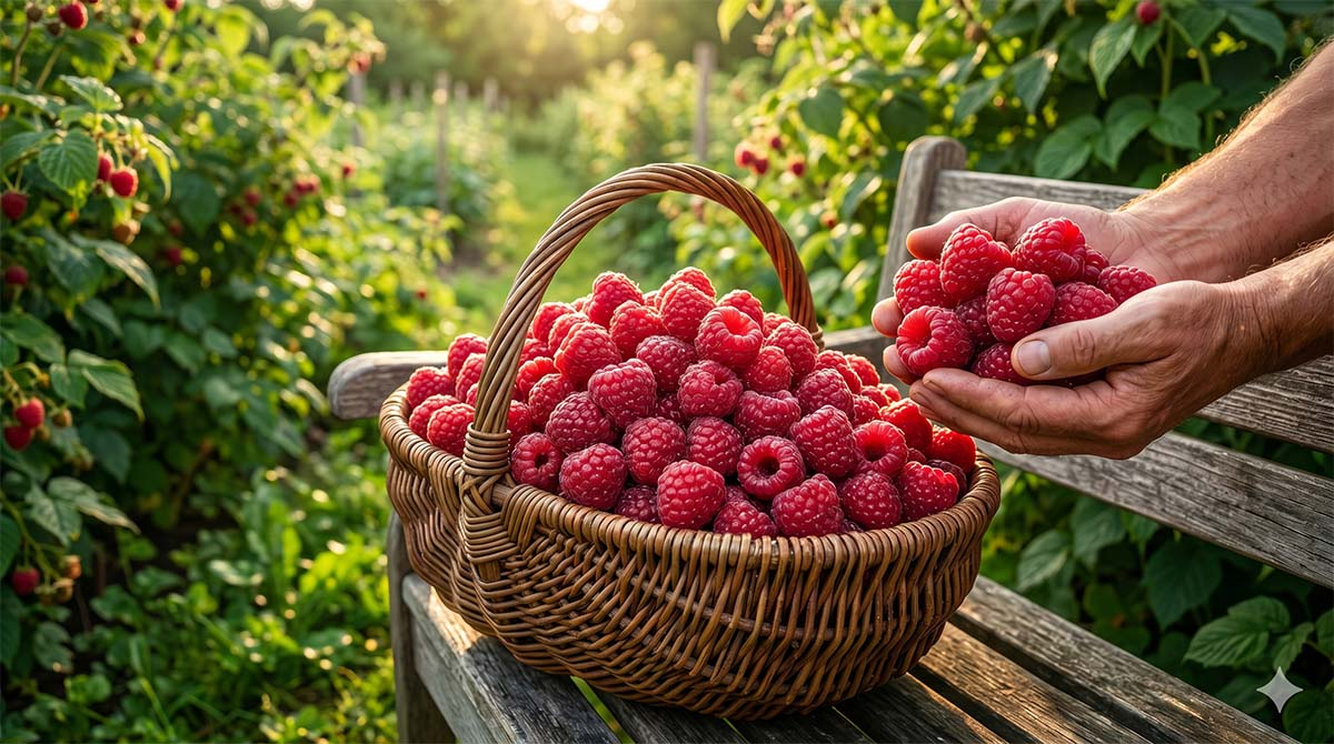 Koszyk pełen gigantycznych, soczystych malin i dłonie trzymające owoce w słonecznym ogrodzie. Przykład obfitych zbiorów po naturalnym nawożeniu.