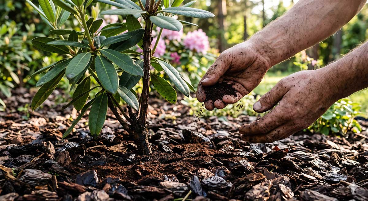 Nawożenie rododendrona po kwitnieniu - domowe sposoby. Rozsypywanie fusów z kawy pod krzewem rododendrona jako naturalny nawóz.
