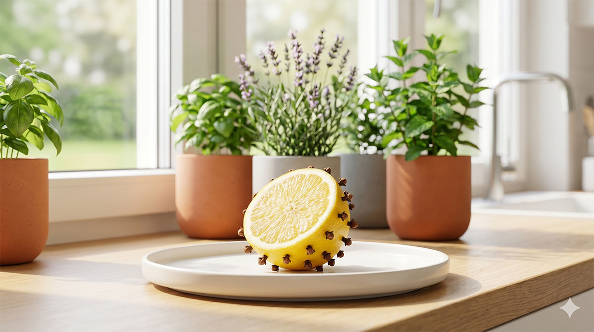 Naturalne sposoby na muchy z wykorzystaniem cytryny z goździkami oraz roślin doniczkowych na jasnym parapecie kuchennym