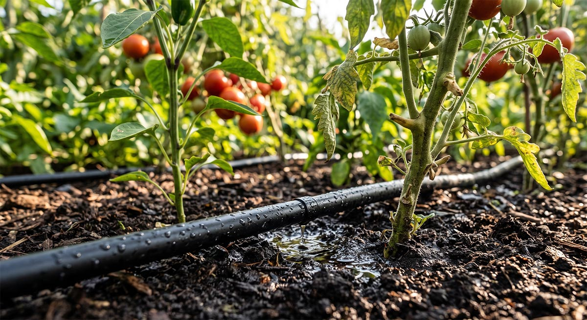 Linia kroplująca w zdrowym warzywniku Zbliżenie na czarną linię kroplującą nawadniającą glebę pod zdrowymi krzakami pomidorów w słonecznym ogrodzie.