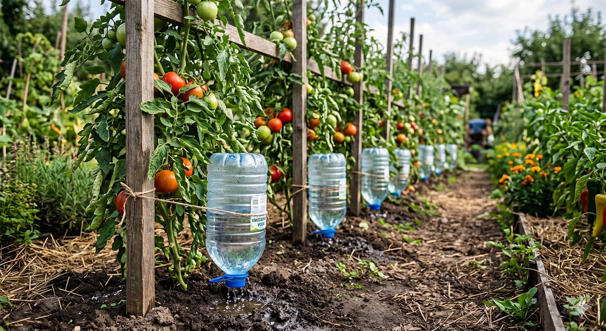 Nawadnianie kropelkowe pomidorów z butelek 5L w ogrodzie warzywnym Rządek zielonych krzewów pomidorów w ogrodzie warzywnym, gdzie przy każdym krzaku znajduje się plastikowa butelka 5-litrowa wkopana szyjką w ziemię jako domowy system nawadniania.