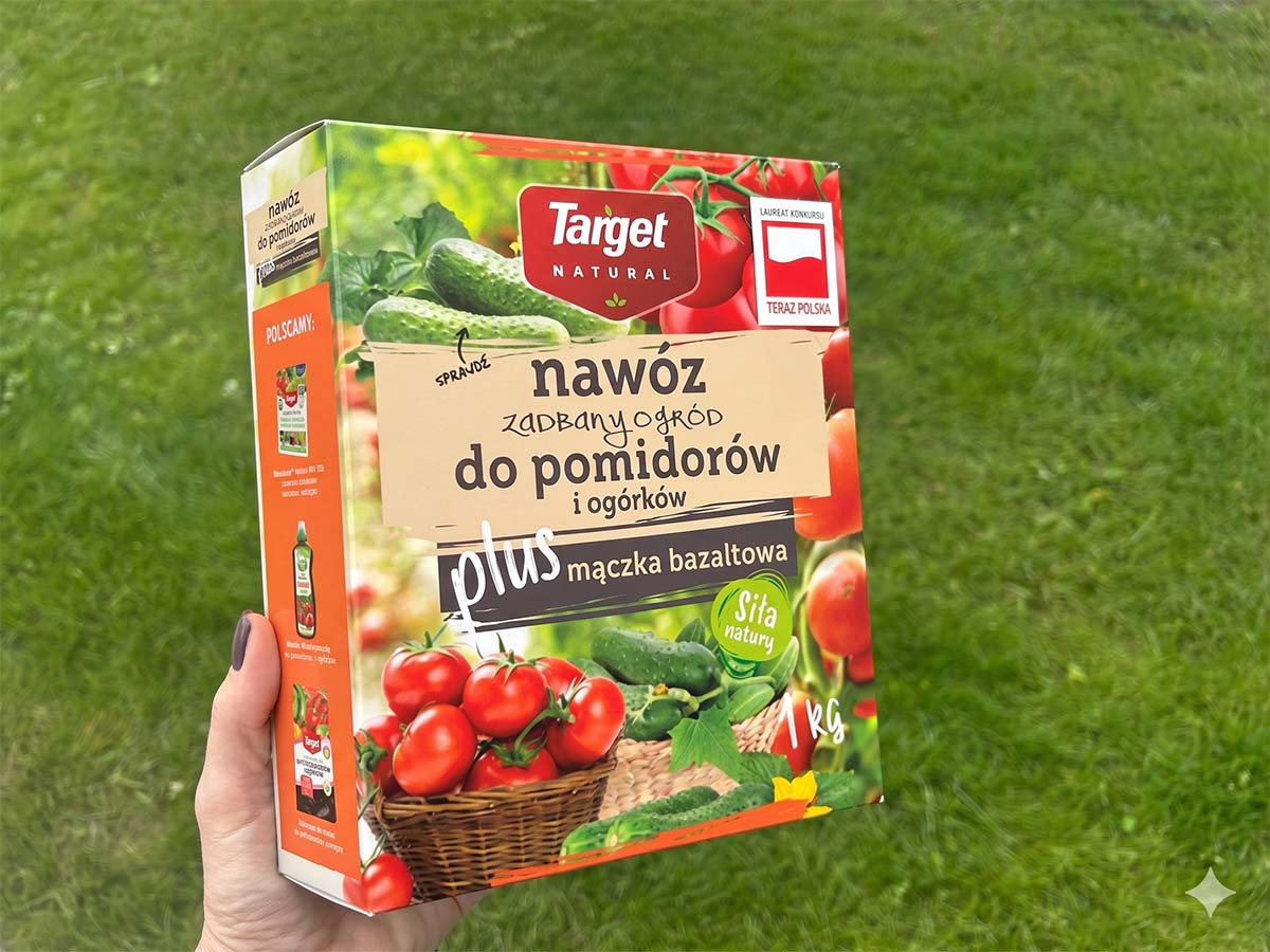 Dłoń trzymająca opakowanie nawozu Target Natural do pomidorów i ogórków z mączką bazaltową na tle zielonego trawnika.