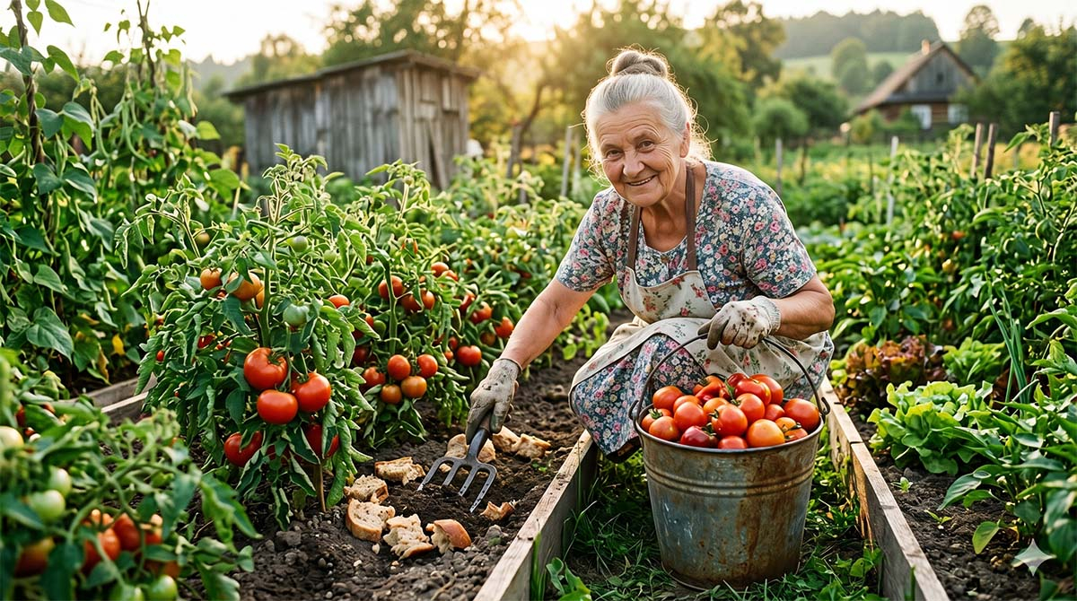 Uśmiechnięta kobieta w ogrodzie zbiera do wiadra pomidory nawożone czerstwym chlebem