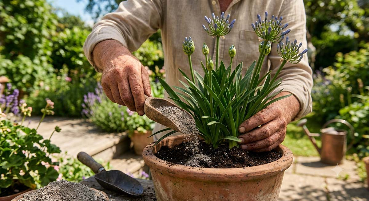 Nawożenie agapantu organicznym nawozem w donicy Zbliżenie na dłonie ogrodnika podsypujące naturalny nawóz mineralny z drewnianej łopatki do donicy z młodym agapantem w słoneczny dzień