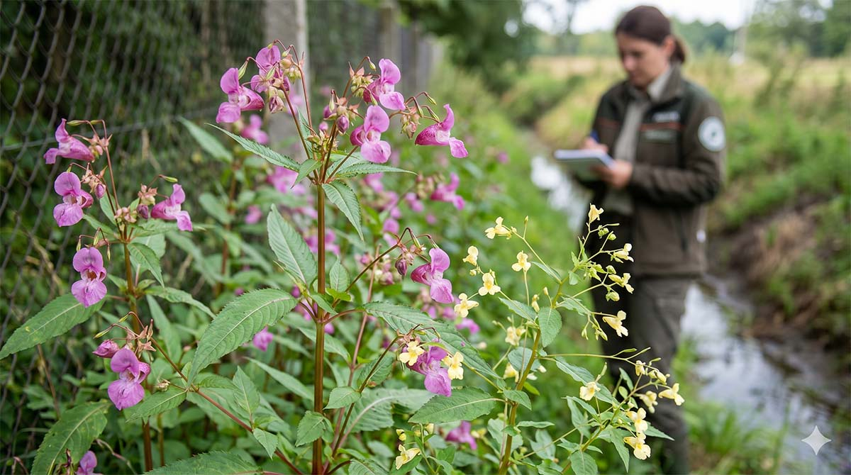 Niecierpek gruczołowaty i drobnokwiatowy - zakazane rośliny inwazyjne pod lupą urzędników. Niecierpek gruczołowaty o różowych kwiatach i niecierpek drobnokwiatowy rosnące przy ogrodzeniu, w tle urzędniczka kontrolująca inwazyjne gatunki roślin.