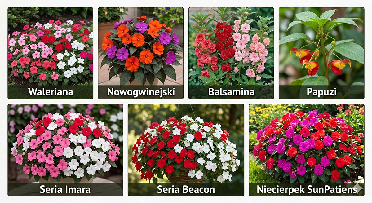 Zestawienie 7 odmian niecierpka: Waleriana, Nowogwinejski, Balsamina, Papuzi oraz serie Imara, Beacon i SunPatiens - idealne kwiaty do cienia