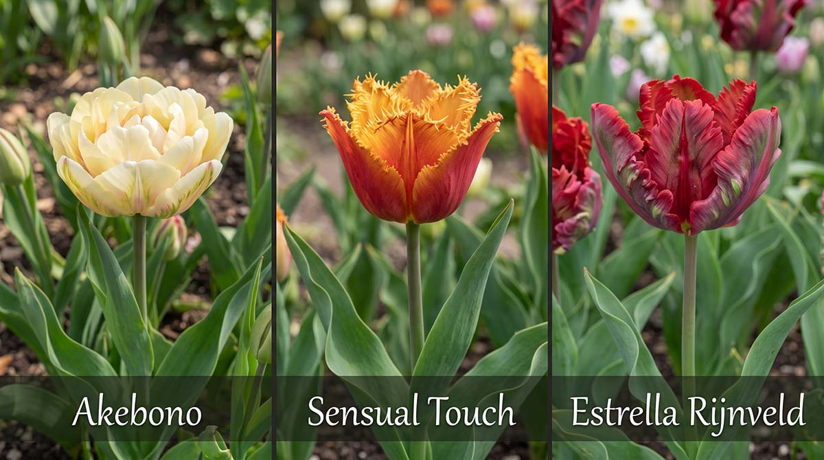Zestawienie trzech nietypowych odmian tulipanów w ogrodzie: kremowo-żółty Akebono, pomarańczowo-żółty strzępiasty Sensual Touch oraz czerwony papuzi Estrella Rijnveld