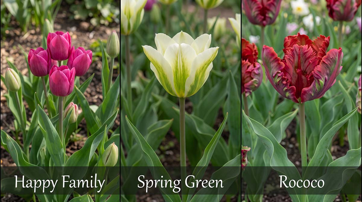 Zestawienie trzech nietypowych odmian tulipanów: różowy wielokwiatowy Happy Family, kremowo-zielony Spring Green oraz czerwony papuzi Rococo