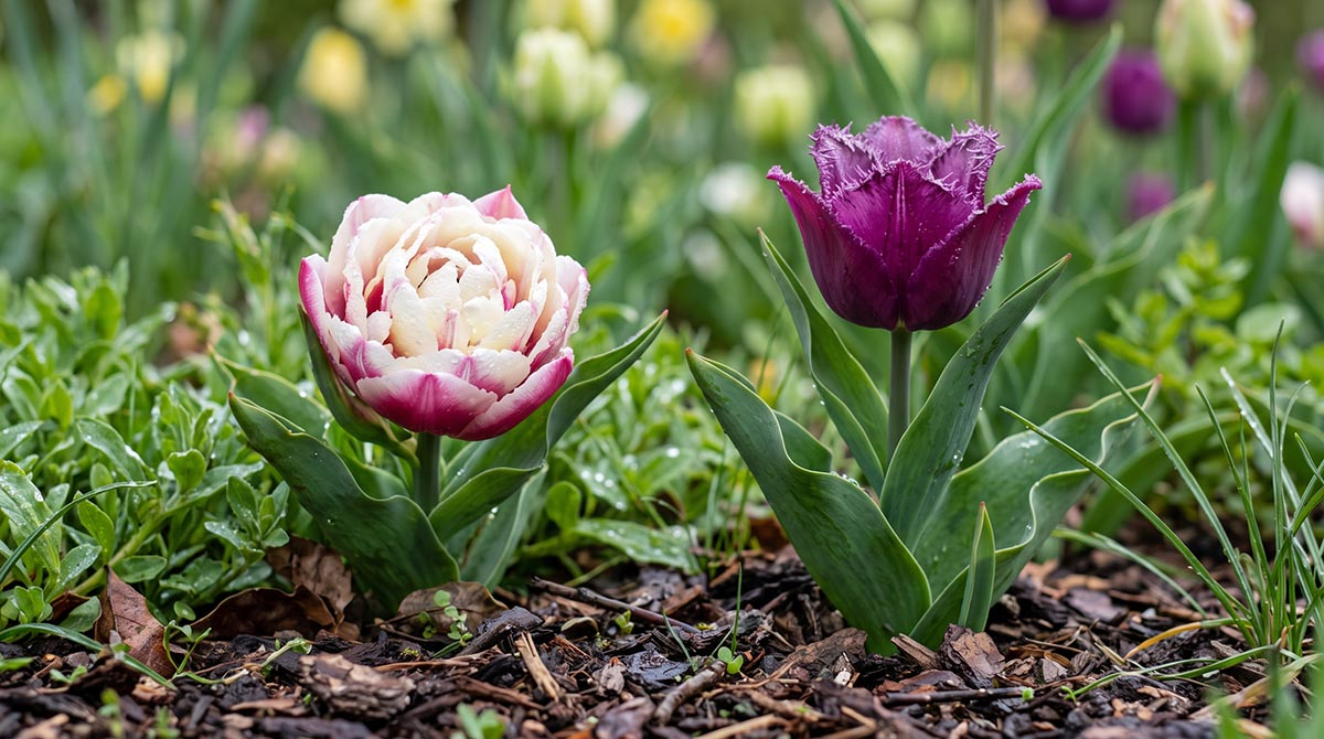 Nietypowe odmiany tulipanów kwitnące na wiosennej rabacie ogrodowej