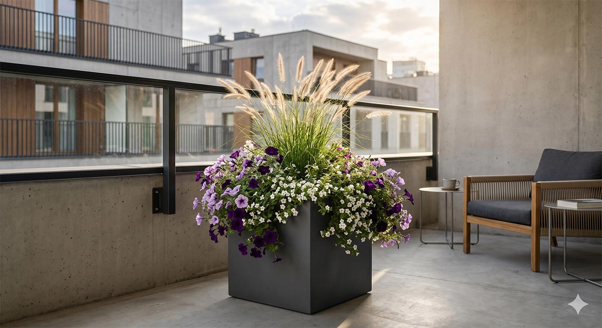 Nowoczesny balkon z betonową ścianą, na którym stoi podłużna, antracytowa donica z wysoką trawą ozdobną rozplenicą, ciemnofioletowymi petuniami oraz drobnymi, białymi kwiatami bakopy w miękkim, popołudniowym świetle.