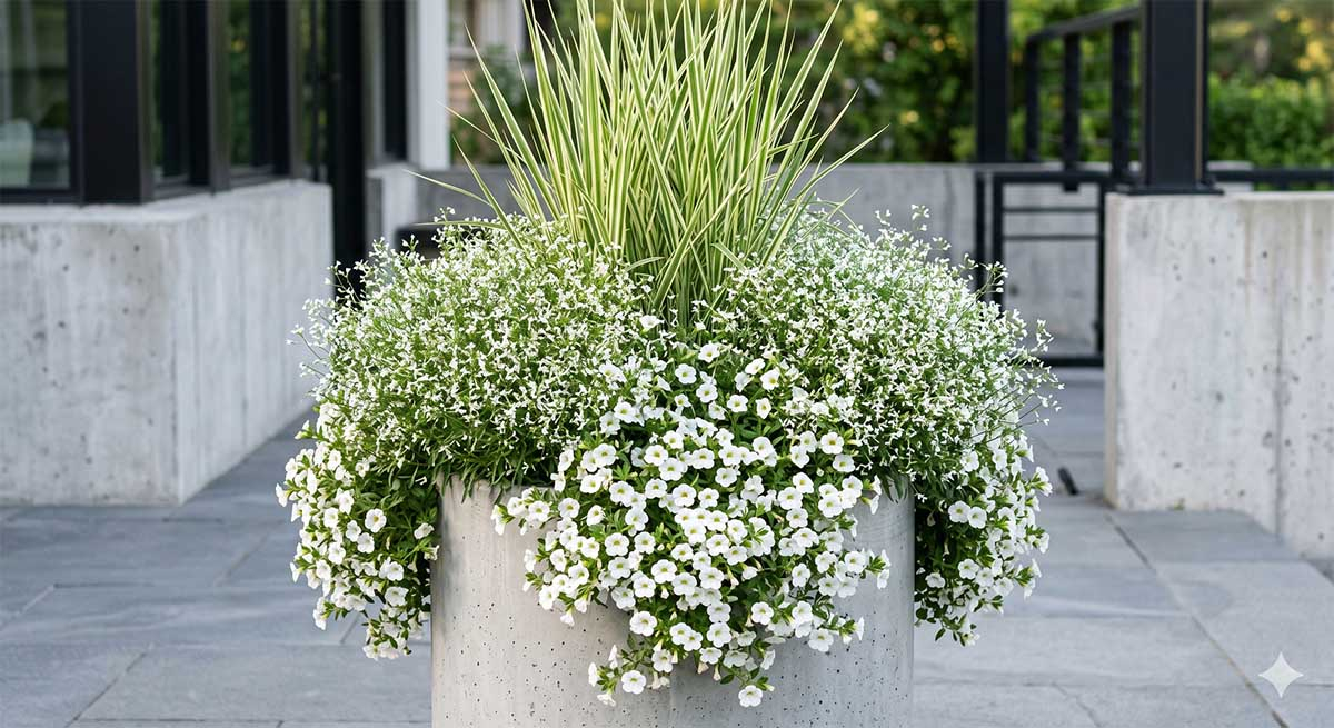 Nowoczesna kompozycja w donicy - Green & White Nowoczesna, minimalistyczna kompozycja w betonowej donicy na tarasie, złożona z pasiastego trzcinnika Overdam, mglistej białej euforbii Diamond Frost oraz zwisającej białej kalibrachoi.