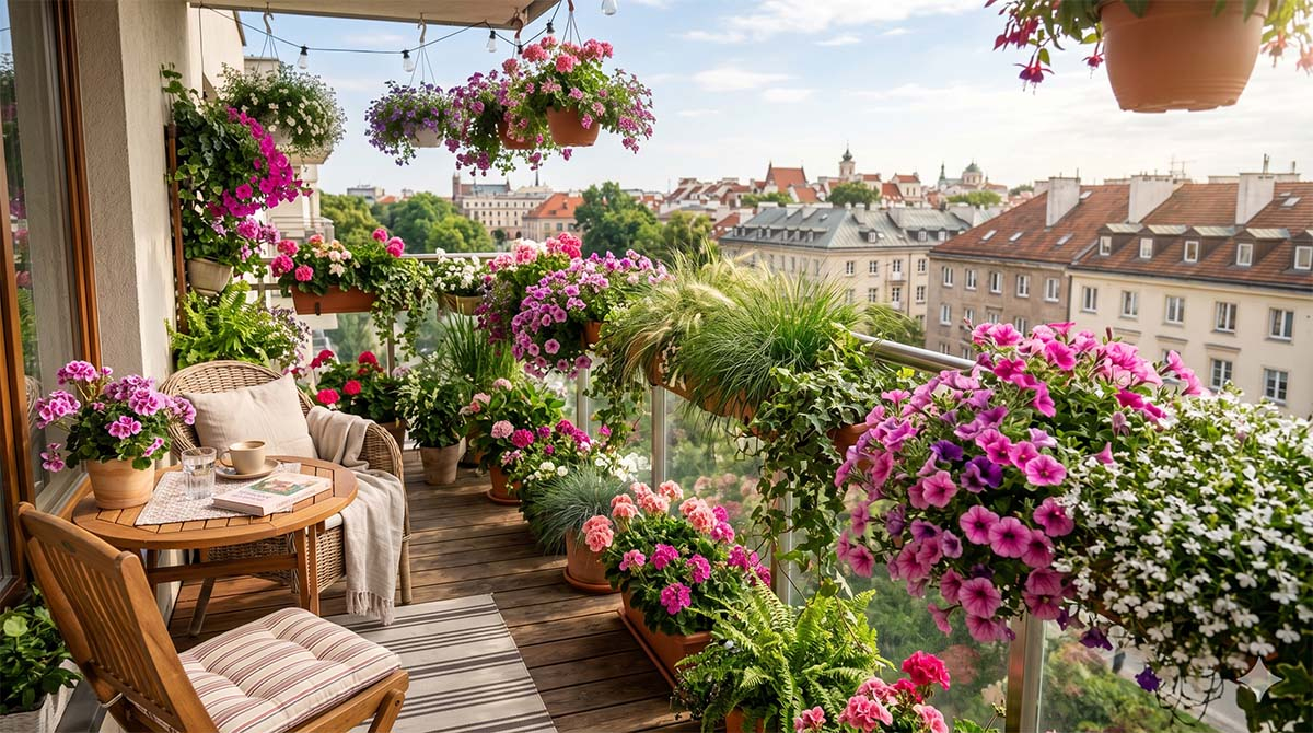 Słoneczny, nowoczesny balkon z drewnianą podłogą, stolikiem kawowym i krzesłami, gęsto obsadzony kaskadami różowych, fioletowych i białych kwiatów oraz zielonych traw ozdobnych, z widokiem na panoramę zabytkowego miasta w tle.