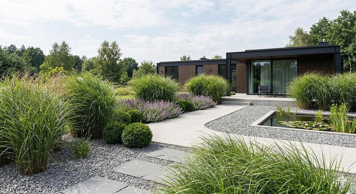 Nowoczesny minimalistyczny ogród nowoczesny ogród z miskantami