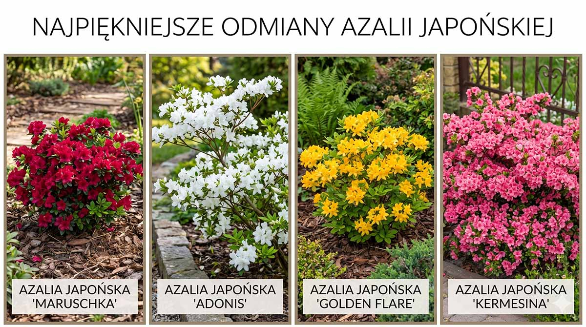 Najpopularniejsze odmiany azalii japońskiej – zestawienie kolorów Zestawienie czterech odmian azalii japońskiej w ogrodzie: czerwona Maruschka, biała Adonis, żółta Golden Flare oraz różowa Kermesina