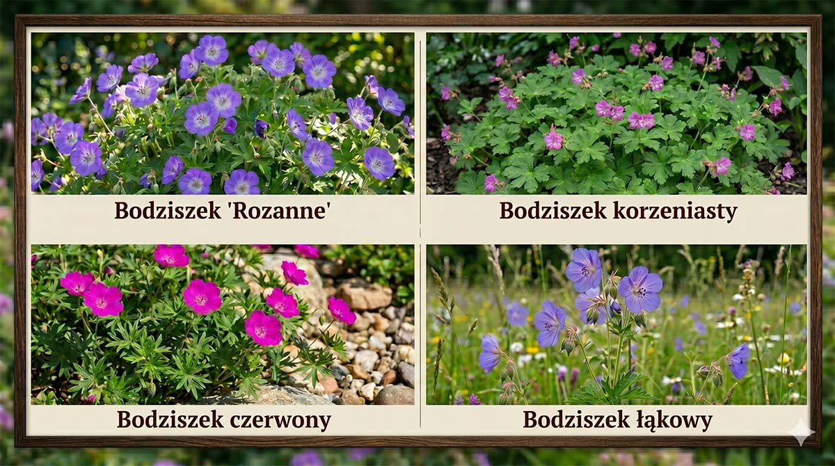 Kolaż czterech odmian bodziszka z podpisami: fioletowy Rozanne, różowy korzeniasty, karminowy czerwony oraz niebieski bodziszek łąkowy.