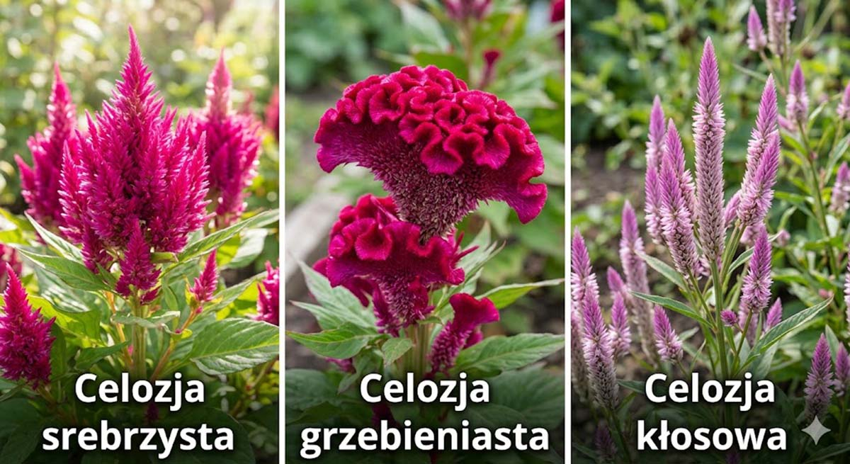 Fotografia triptych przedstawiająca trzy różne odmiany celozji rosnące w ogrodzie. Od lewej: jaskraworóżowa Celozja srebrzysta o pierzastym kwiatostanie, pośrodku amarantowa Celozja grzebieniasta o pofalowanej strukturze, po prawej lawendowo-różowa Celozja kłosowa. Każda sekcja jest wyraźnie podpisana nazwą odmiany