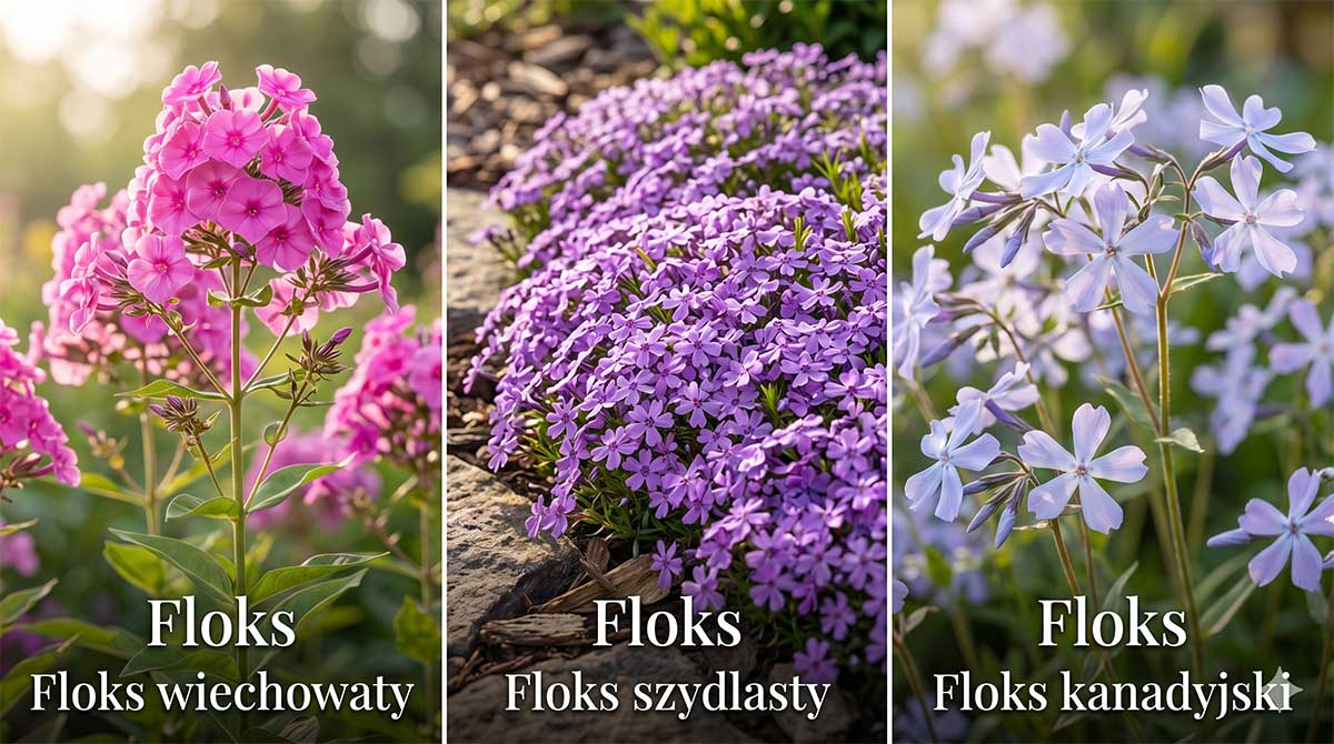 Porównanie odmian floksów: wiechowaty, szydlasty i kanadyjski Profesjonalny kolaż trzech pionowych paneli prezentujący różne odmiany floksów: różowy floks wiechowaty (Phlox paniculata), fioletowy floks szydlasty (Phlox subulata) oraz błękitny floks kanadyjski (Phlox divaricata). Każda sekcja jest opatrzona u dołu wyraźnym białym napisem z nazwą danej odmiany, a całość ukazana jest w jasnym, naturalnym świetle poranka.